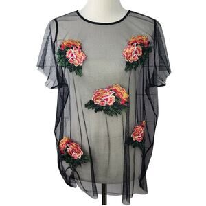 Torrid Top Sheer 0X Black Pink 12 Large Floral Applique Mesh Tee Embroidered
